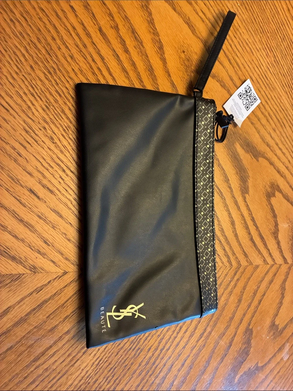 YSL Beaute Black Faux Leather Makeup Cosmetic Bag Pouch Clutch Gold geometric